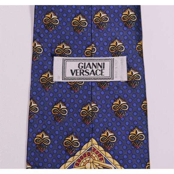 Gianni Versace Vintage 90's Blue/Gold Medusa Geometric Silk Necktie Tie - Picture 4 of 6